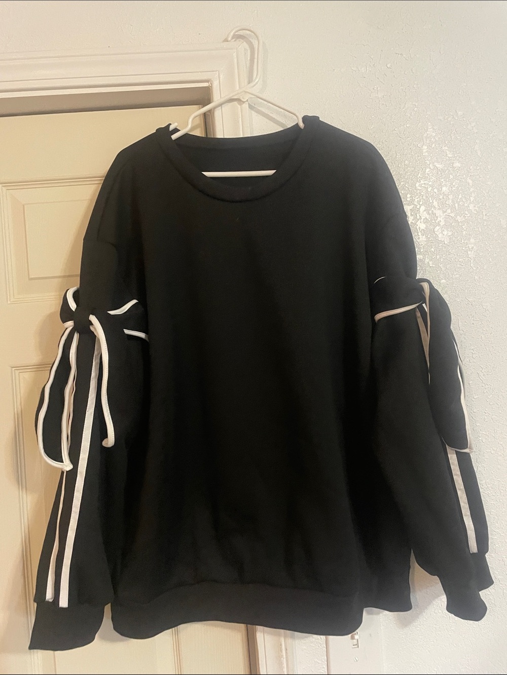 Women's Black Crewneck Sweater with Sleeve Tie Detail NWOT